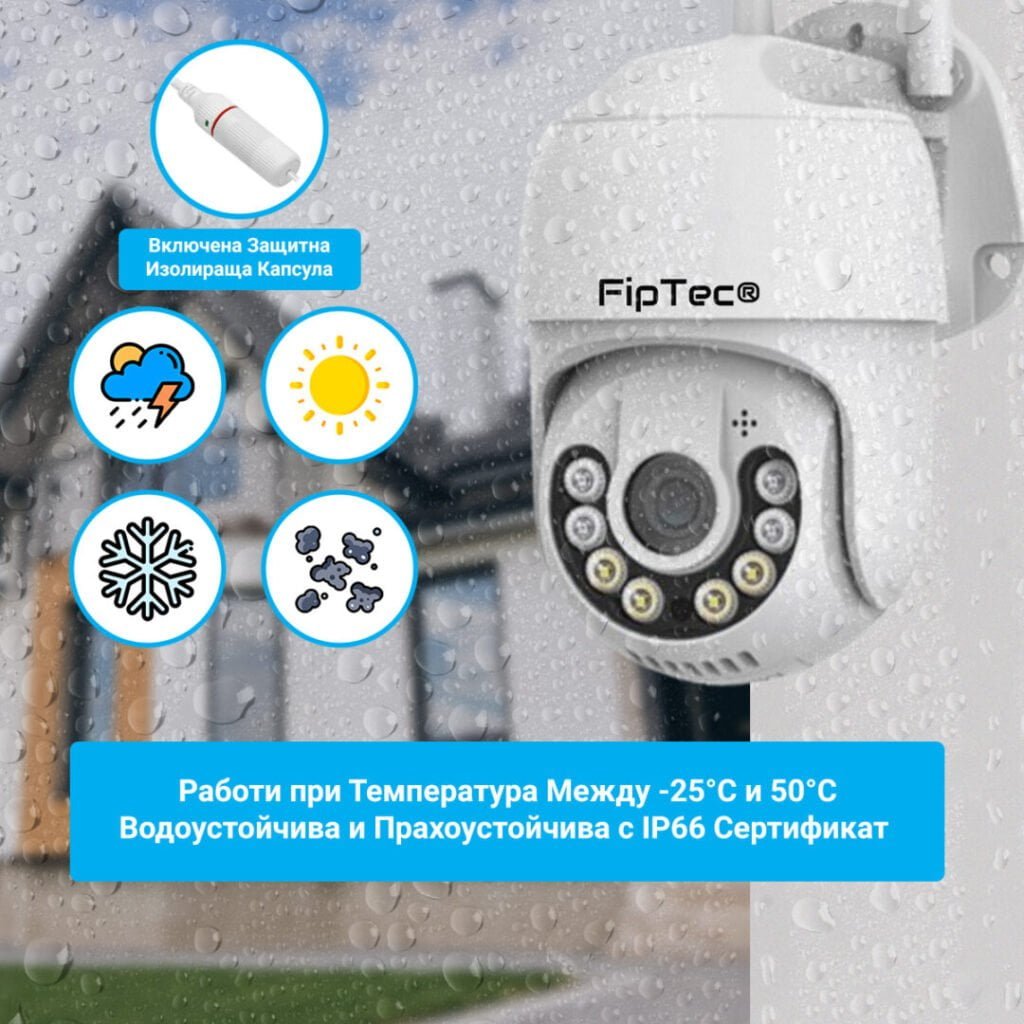 Водоустойчива Камера FipTec LO24-Max изобразена да работи в условия на дъжд